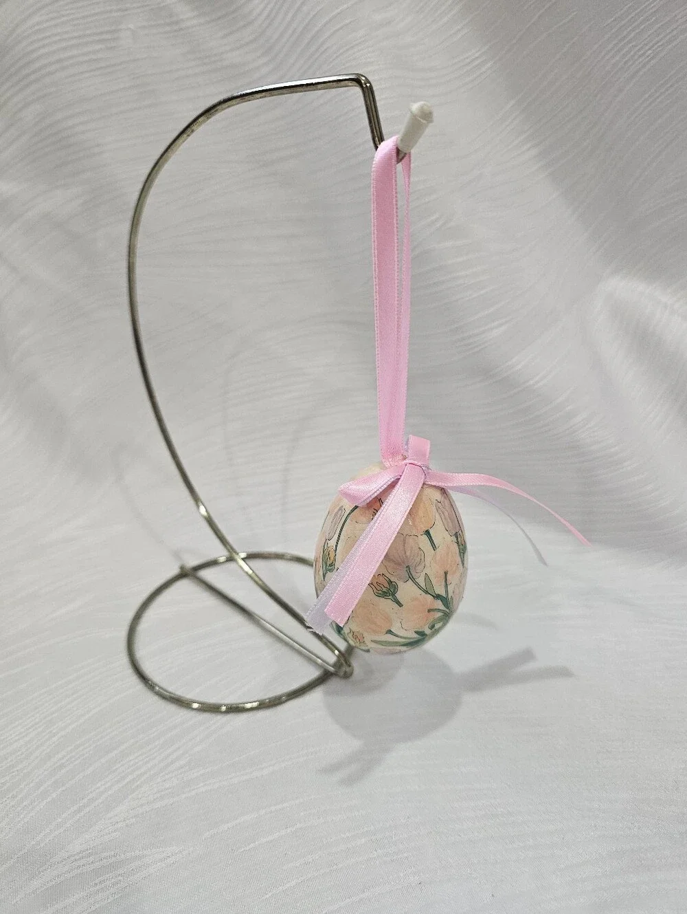Vintage Pink Paper Mache Floral Easter Egg Ornament with Ribbon